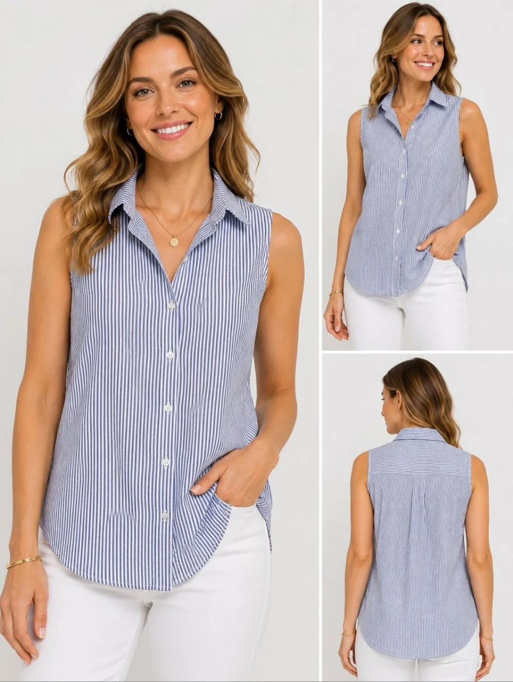 💙 Active USA Blue & White Striped Sleeveless Button Down Top – Size Small